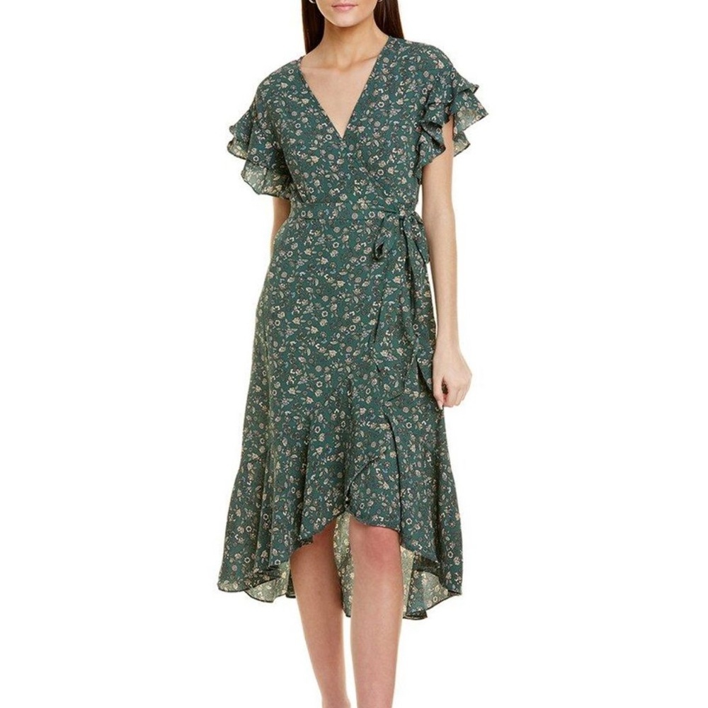 Max Studio Dress Size Large Green Crepe Ruffle Wrap Midi Short Sleeve Floral